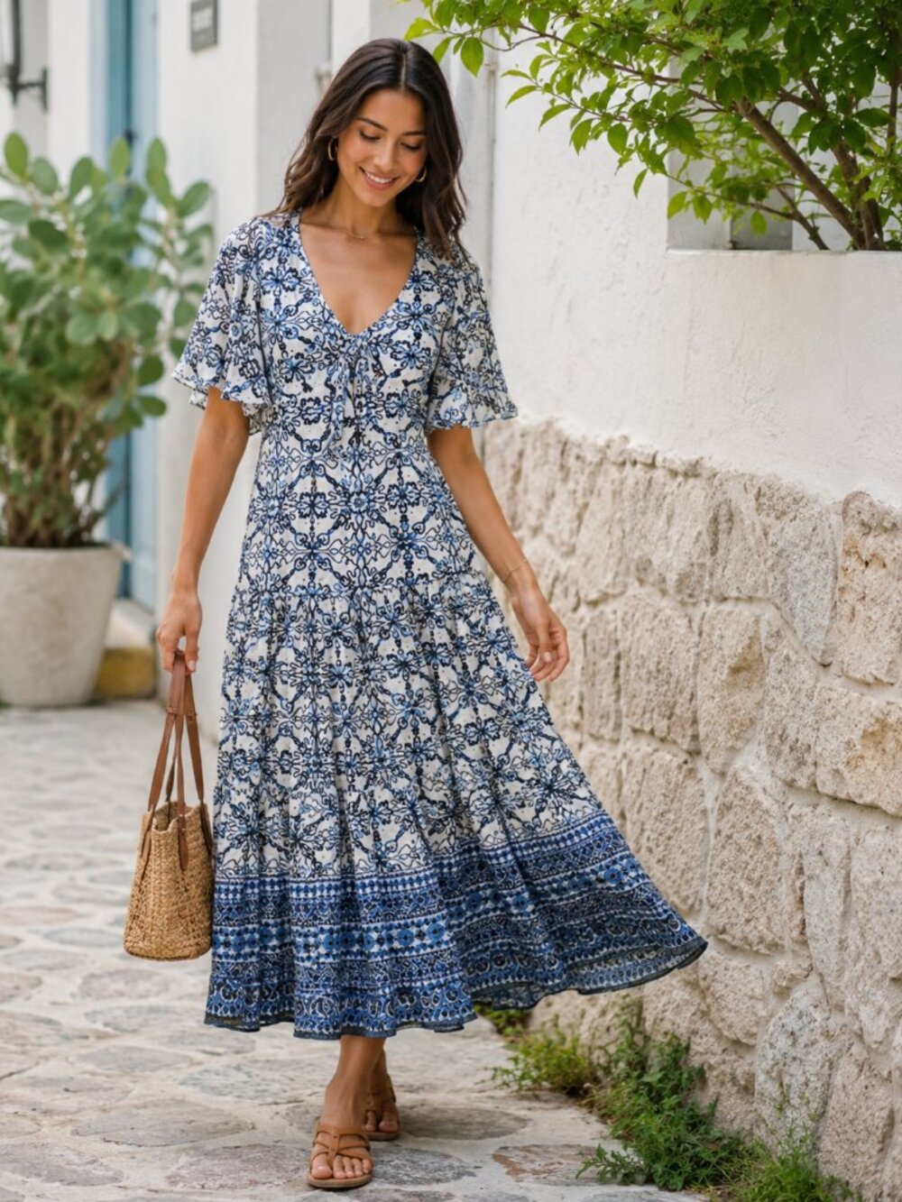 Taylor Blue & White Midi Dress | Flutter Sleeve | Boho Coastal Chic | Size 2